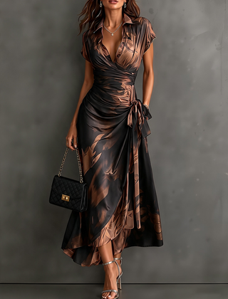 Marchesa abstract print wrap maxi dress in brown