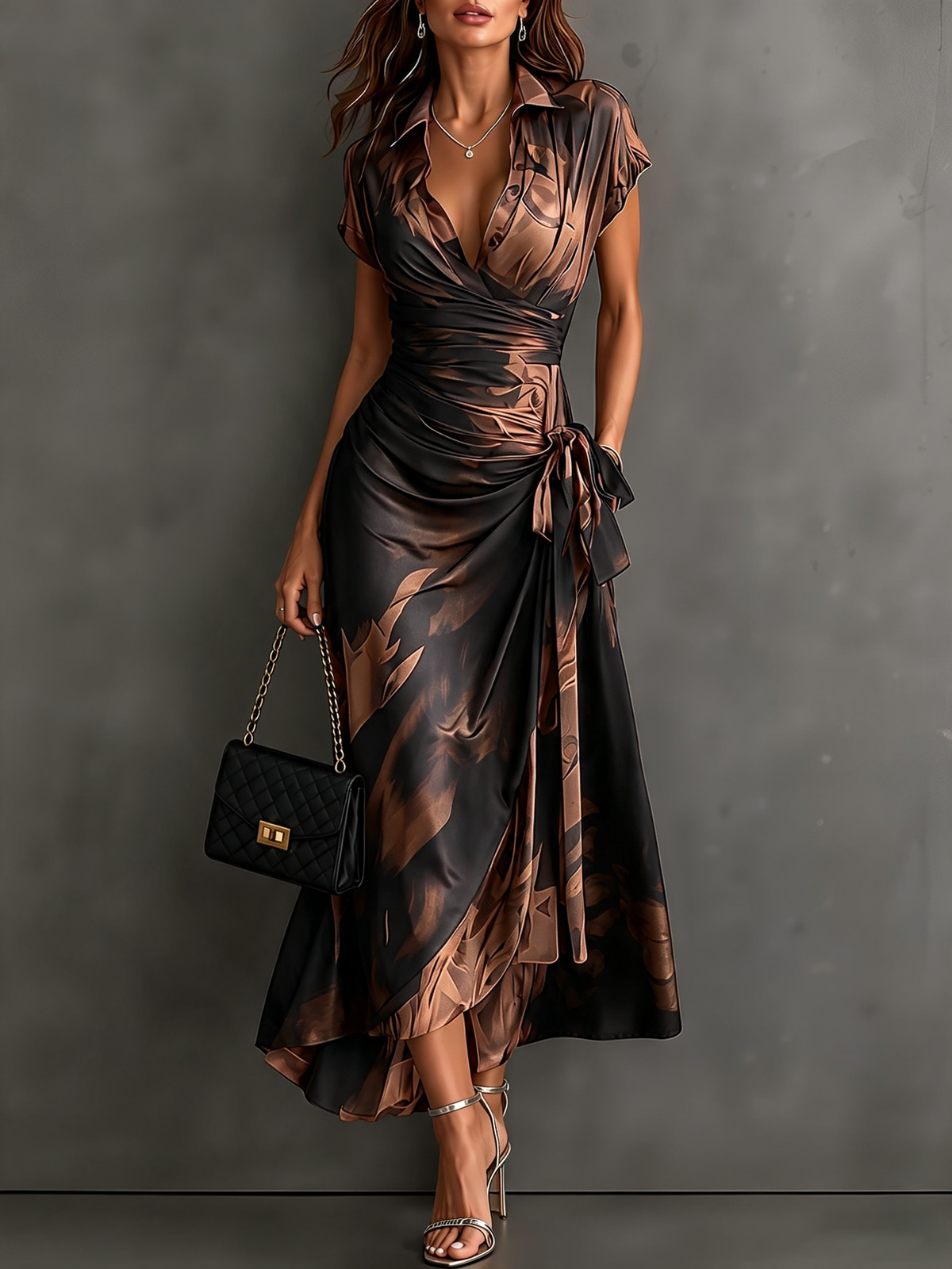 Marchesa abstract print wrap maxi dress in brown