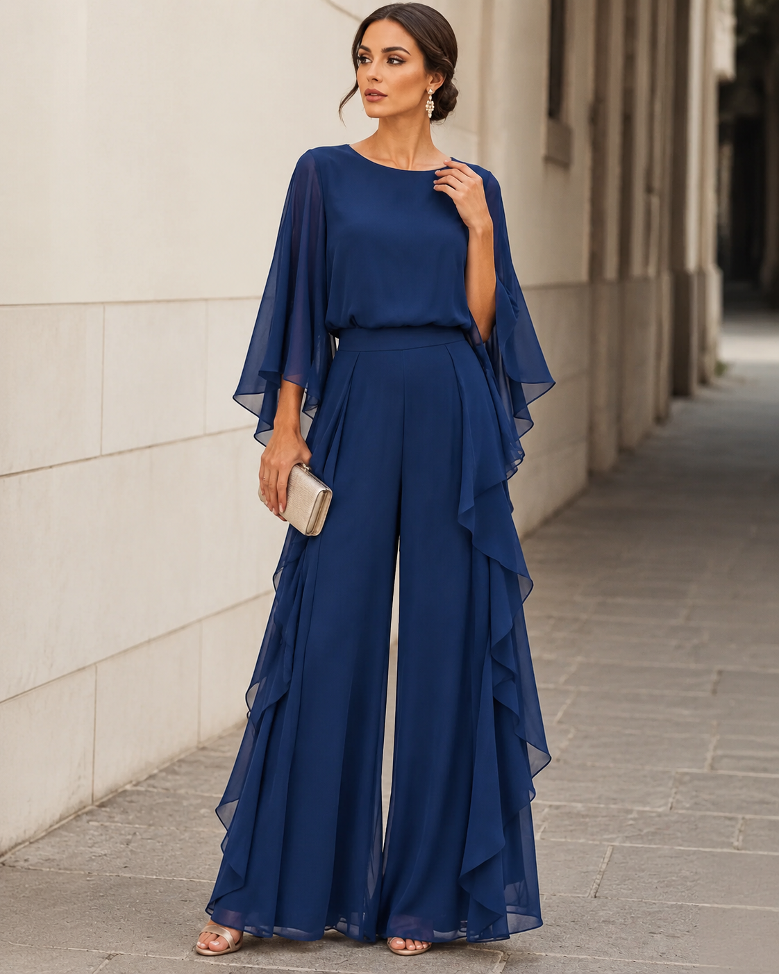 Elvina chiffon cape-sleeve trouser set