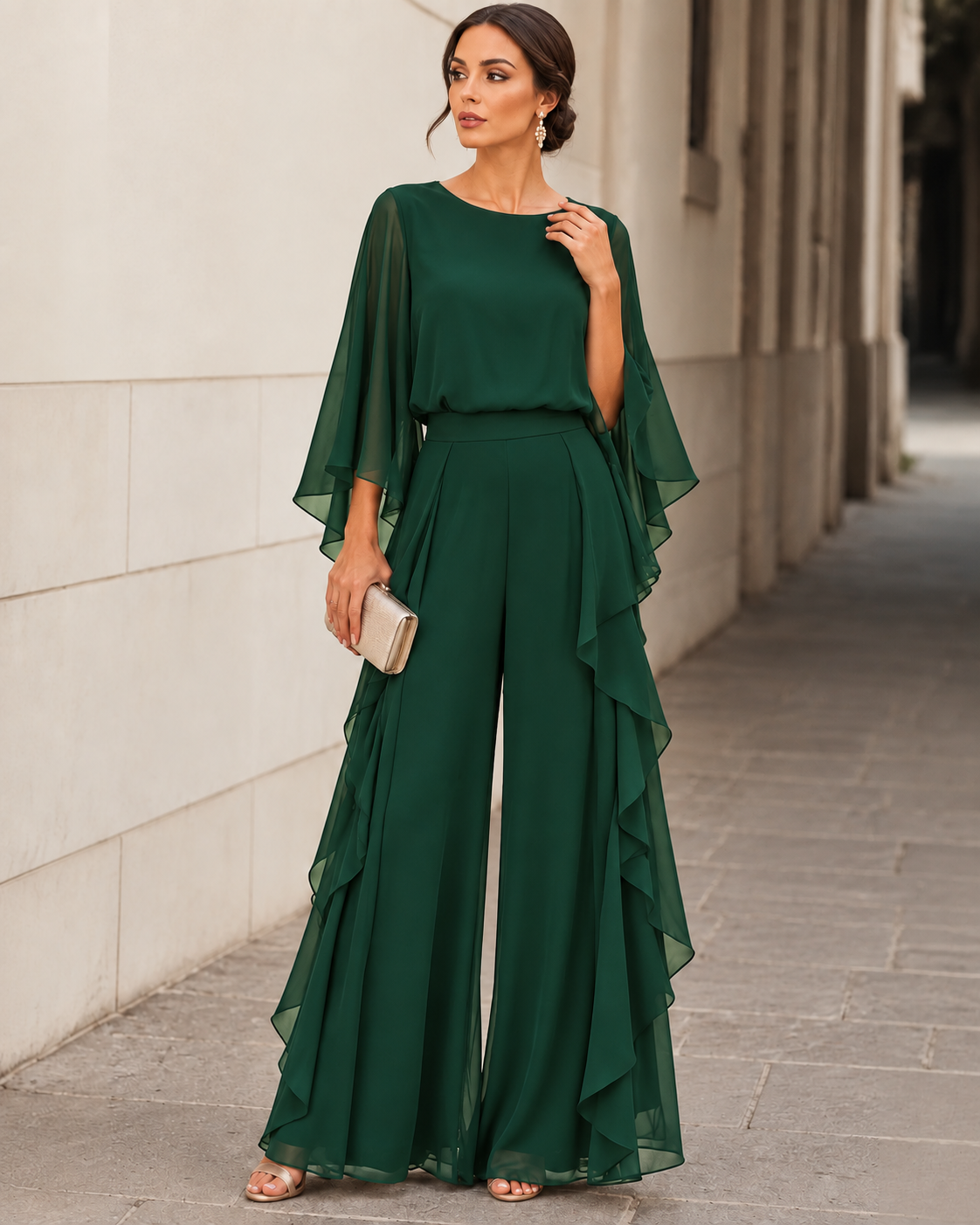 Elvina chiffon cape-sleeve trouser set