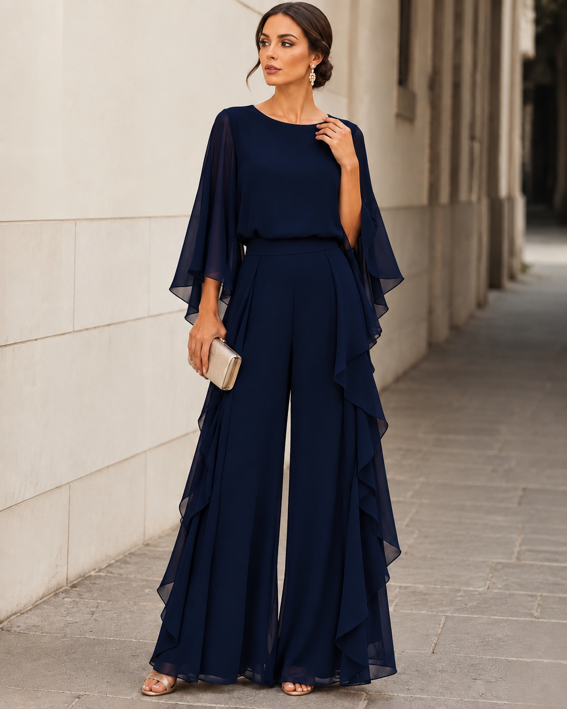 Elvina chiffon cape-sleeve trouser set