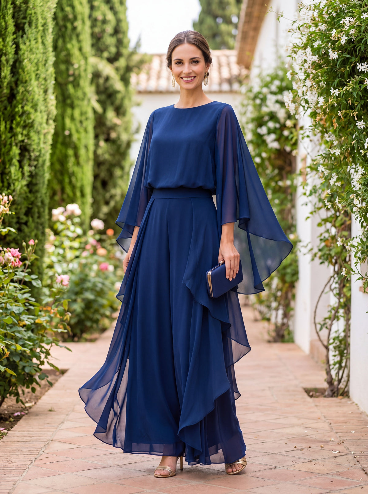 Elvina chiffon cape-sleeve trouser set