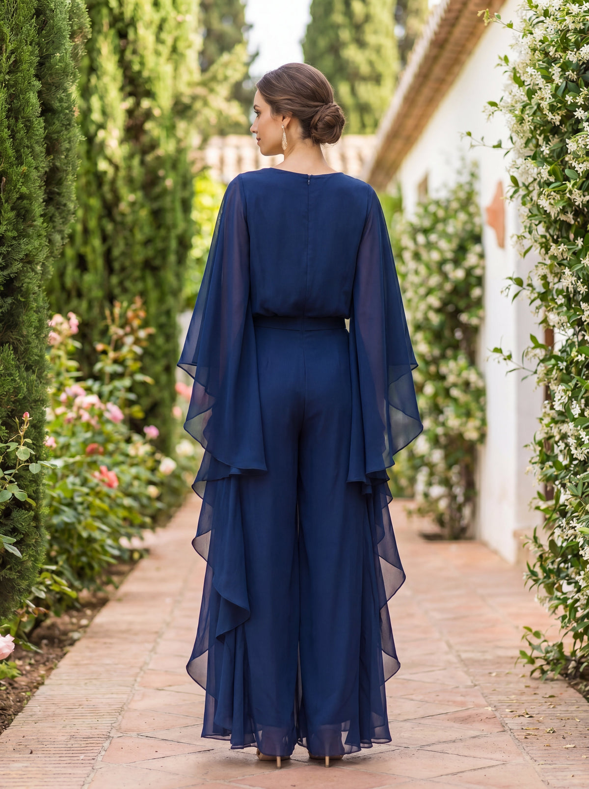 Elvina chiffon cape-sleeve trouser set
