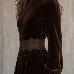 Monica velvet lace-trim maxi dress in brown