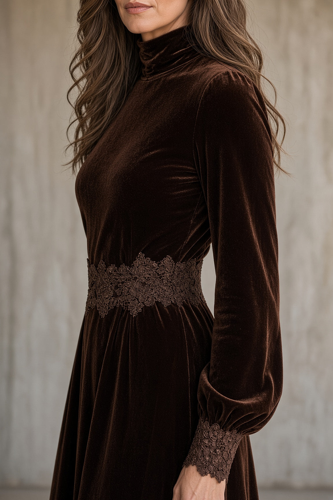 Monica velvet lace-trim maxi dress in brown
