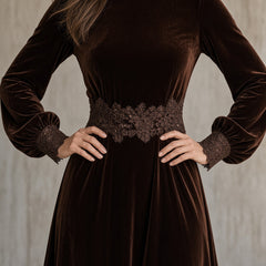 Monica velvet lace-trim maxi dress in brown