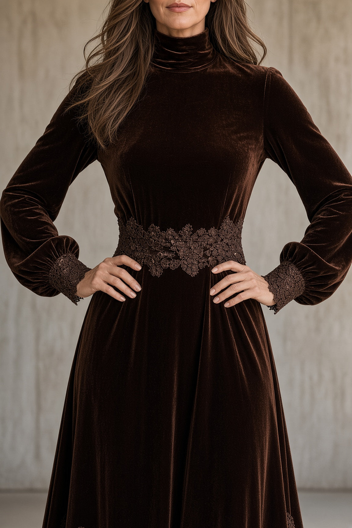 Monica velvet lace-trim maxi dress in brown
