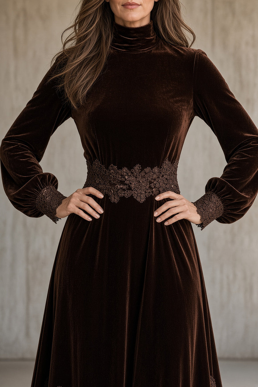 Monica velvet lace-trim maxi dress in brown
