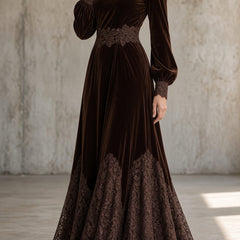 Monica velvet lace-trim maxi dress in brown