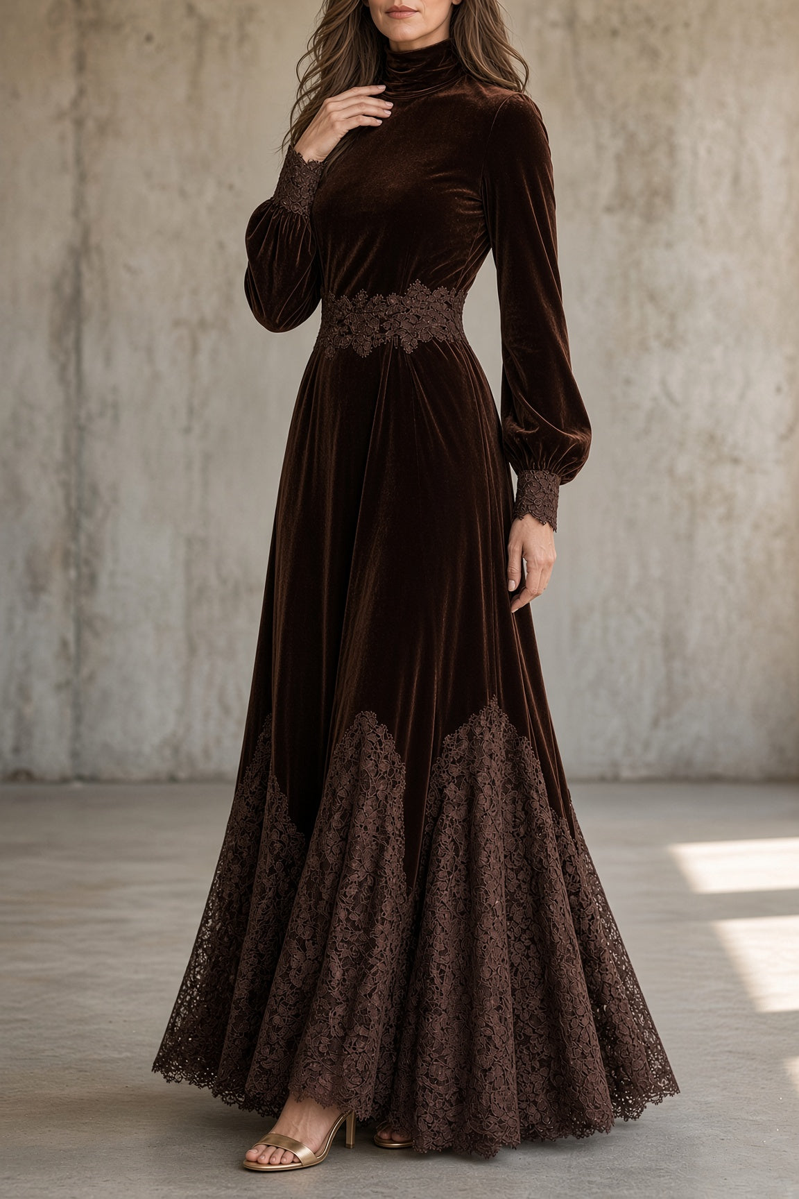Monica velvet lace-trim maxi dress in brown