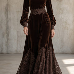Monica velvet lace-trim maxi dress in brown