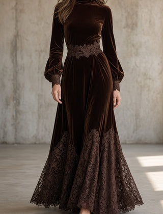 Monica velvet lace-trim maxi dress in brown