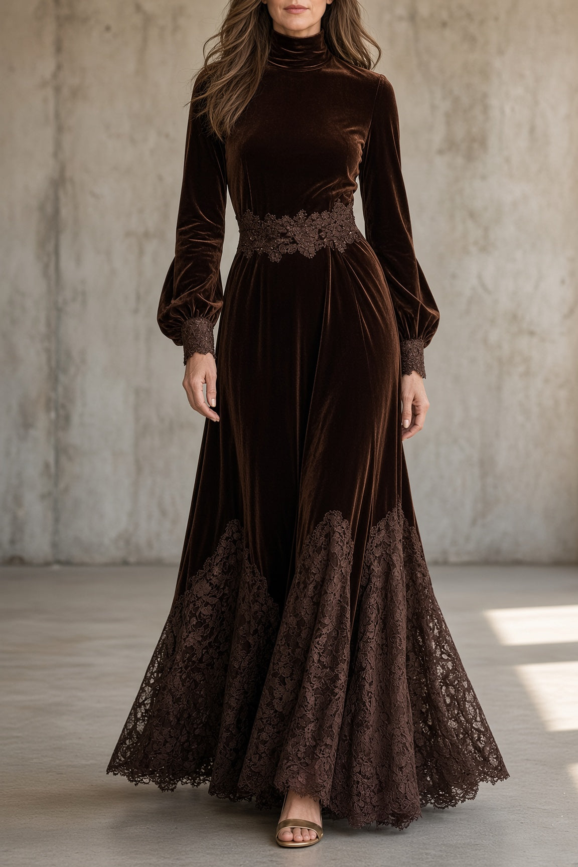 Monica velvet lace-trim maxi dress in brown