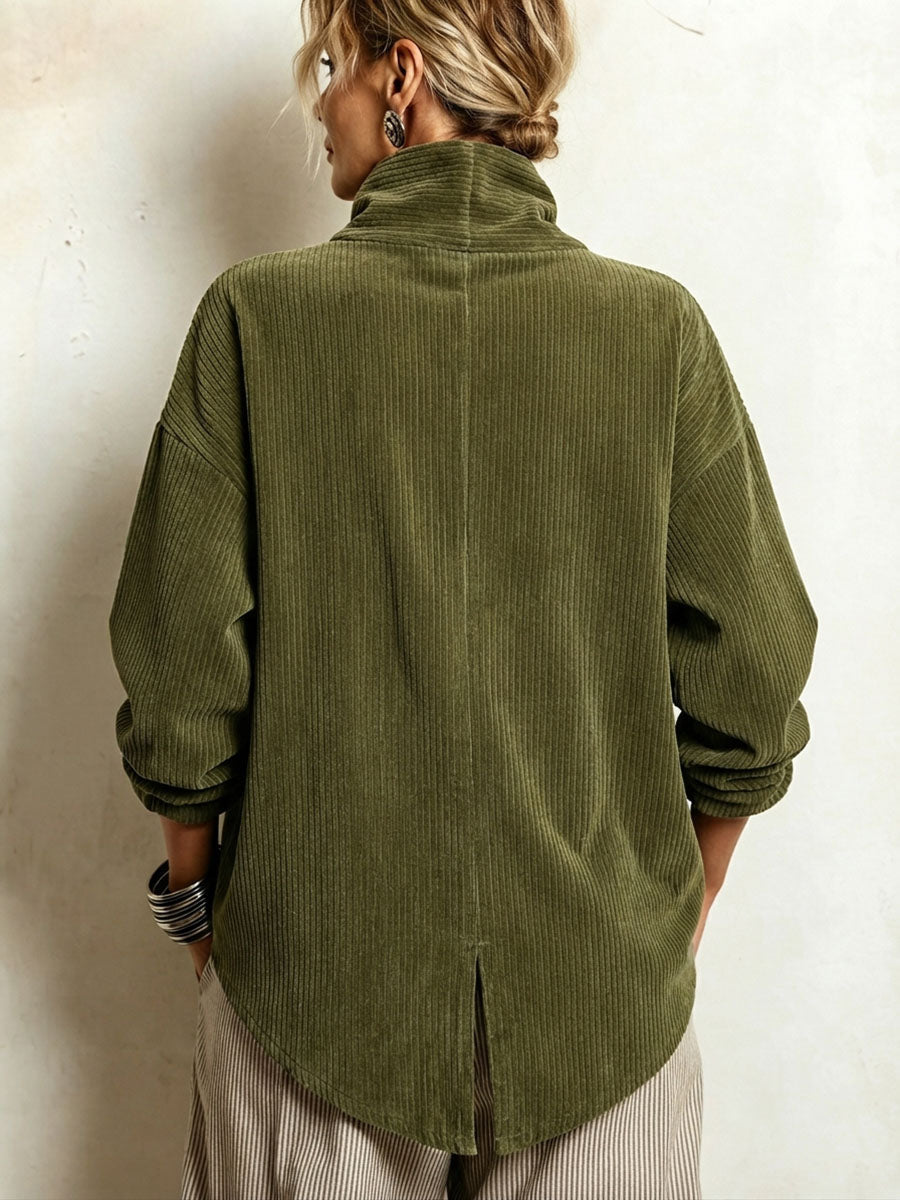 Edith corduroy funnel-neck sweater in olive green