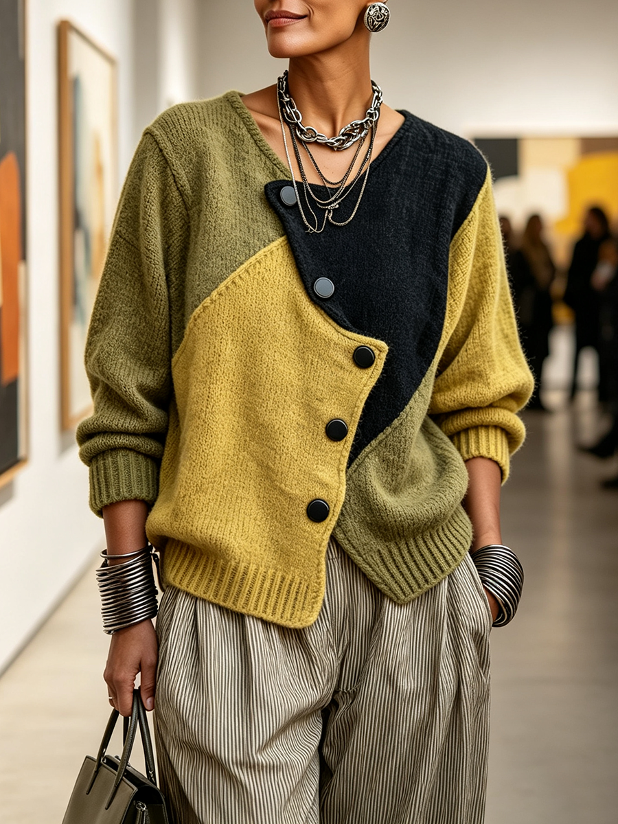 Asymmetric colour-block knit sweater