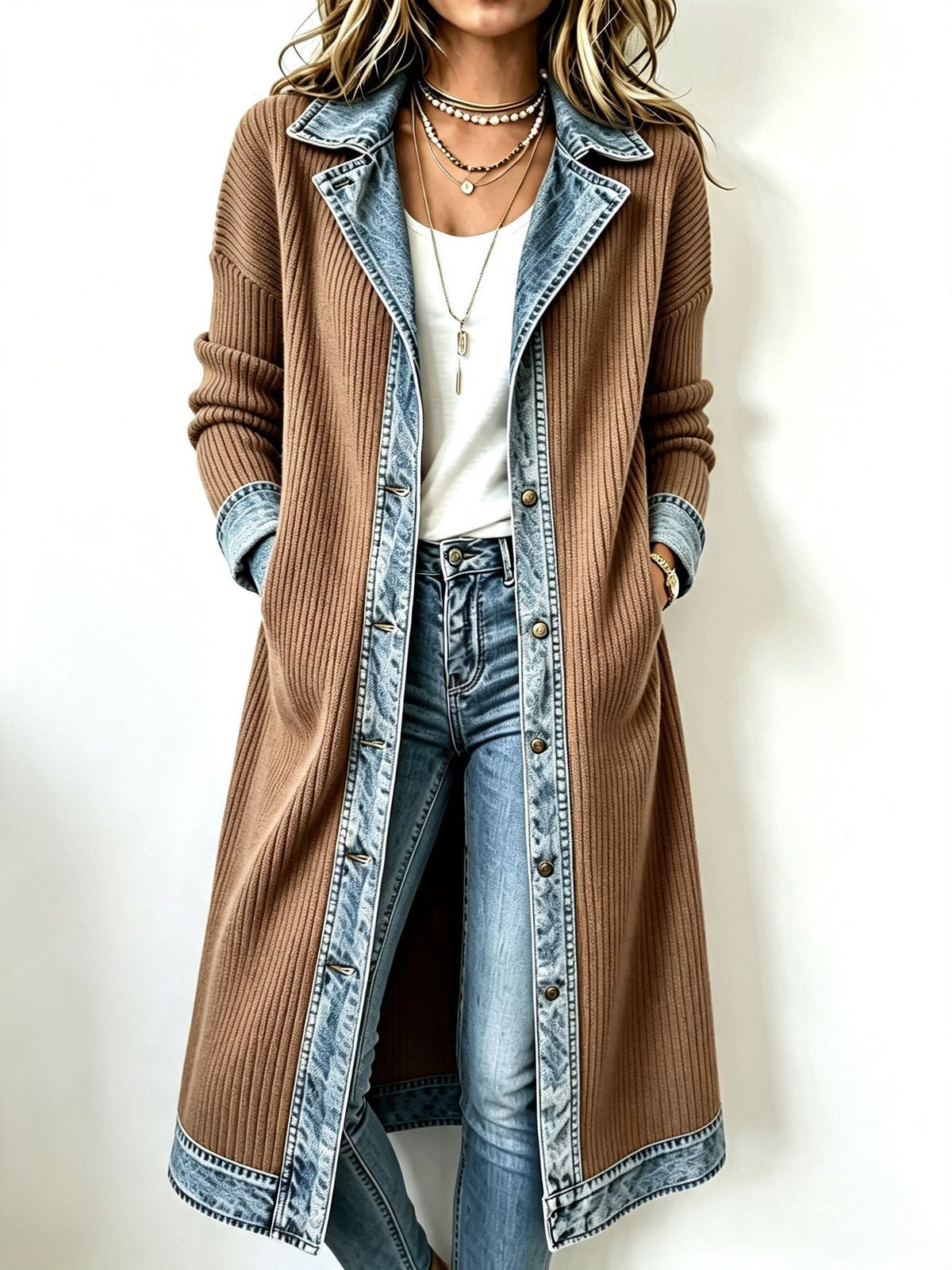 Riley long-line knit cardigan with denim trim